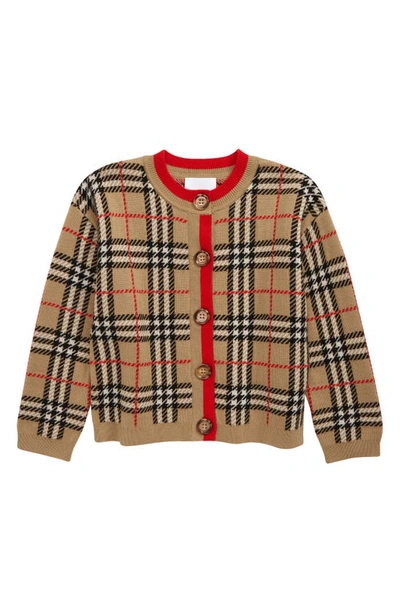 Shop Burberry Kids' Edie Check Merino Wool Cardigan In Archive Beige