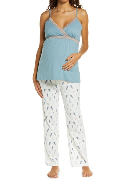 Shop Belabumbum Plume Maternity/nursing Camisole Pajamas In Arona Blue/ Feather Print