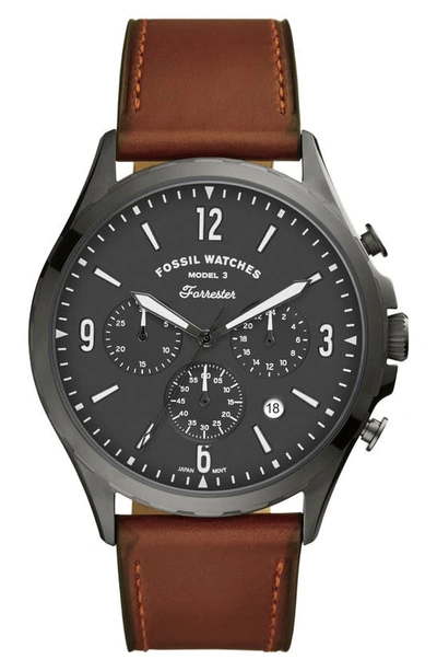 Shop Fossil Forrester Chronograph Leather Strap Watch, 46mm In Brown