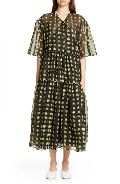 Shop Cecilie Bahnsen Patricia Wrap Dress In Black/ Yellow