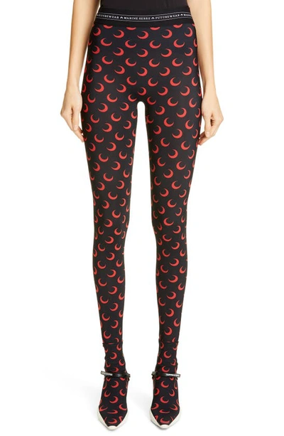Shop Marine Serre Crescent Print Jersey Leggings In All Over Red Moon/ Black
