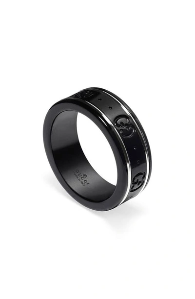 Shop Gucci Icon Band Ring In Black/ White Gold