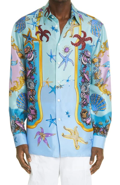 Shop Versace Tresor De La Mer Silk Button-up Shirt In Light Blue Blue Multicolor