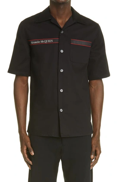 Shop Alexander Mcqueen Selvedge Logo Tape Short Sleeve Button-up Shirt In Black