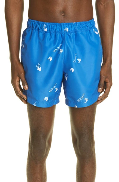 Shop Off-white Logo Swim Trunks In Blue/ White