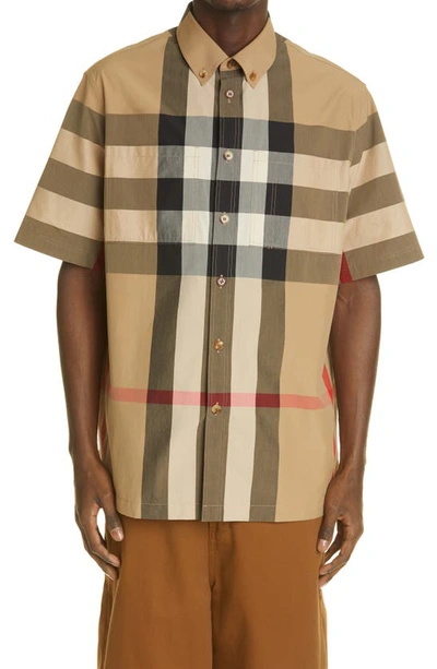 Shop Burberry Thames Check Short Sleeve Button-down Shirt In Archive Beige