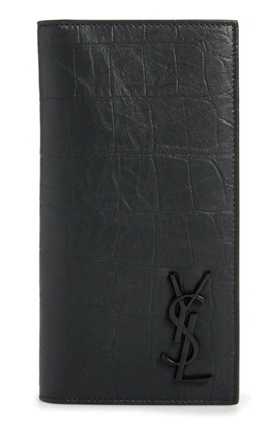 Shop Saint Laurent Monogram Croc Embossed Leather Bifold Wallet In Nero