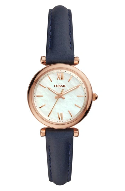 Shop Fossil Mini Carlie Star Leather Strap Watch, 28mm In Navy/ White Mop/ Rose Gold