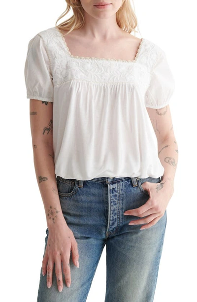 Lucky Brand Embroidered Mixed Media Square Neck Top In Snow White