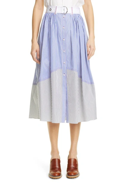 Shop Chloé Stripe Cotton Poplin Belted Midi Skirt In Blue - White 1