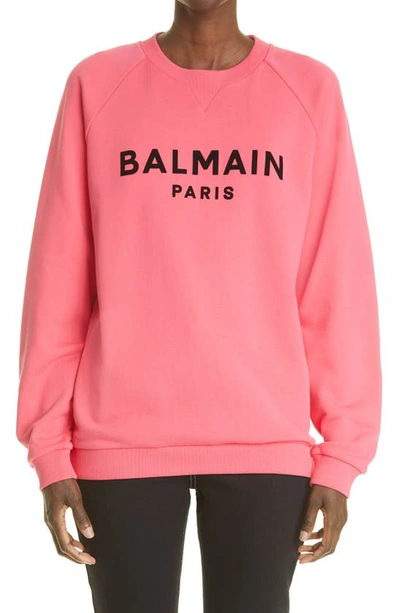 Shop Balmain Logo Cotton Sweatshirt In Bright Fuchsia/ Black