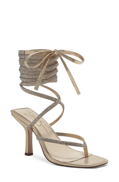Shop Jessica Simpson Kelsa Ankle Tie Thong Sandal In Gold Textile