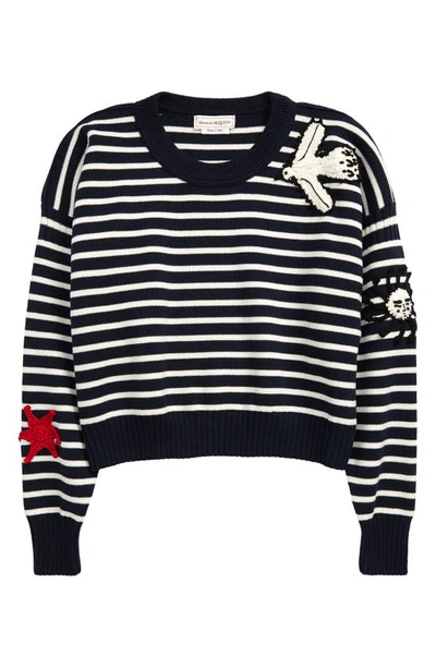 Shop Alexander Mcqueen Crochet Patch Stripe Crewneck Sweater In Navy/ Ivory