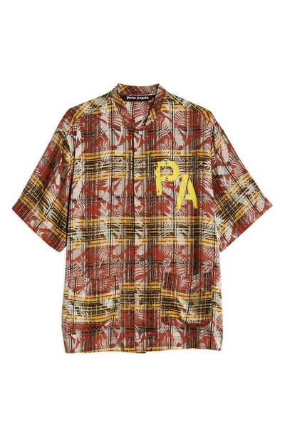 Shop Palm Angels Plaid Logo Graphic Button-up Shirt In Burgundy