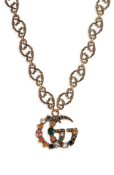 Shop Gucci Crystal Double-g Pendant Necklace In Gold/ Multi