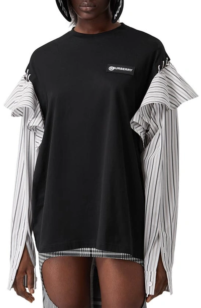 Shop Burberry Jersey & Stripe Shirting Sweater In Black