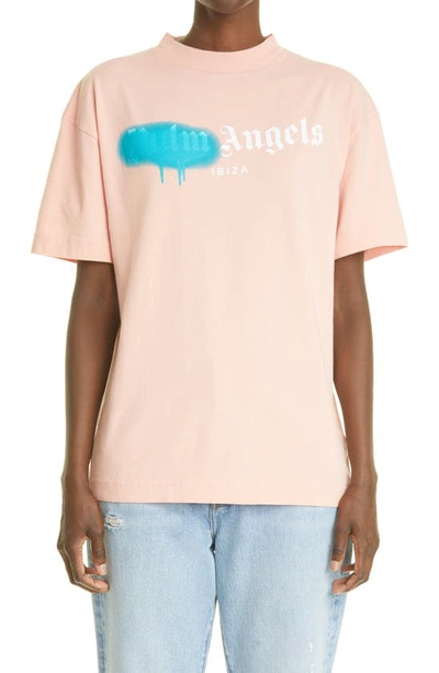 Shop Palm Angels Ibiza Logo Cotton Tee In Salmon Pink Light Blue