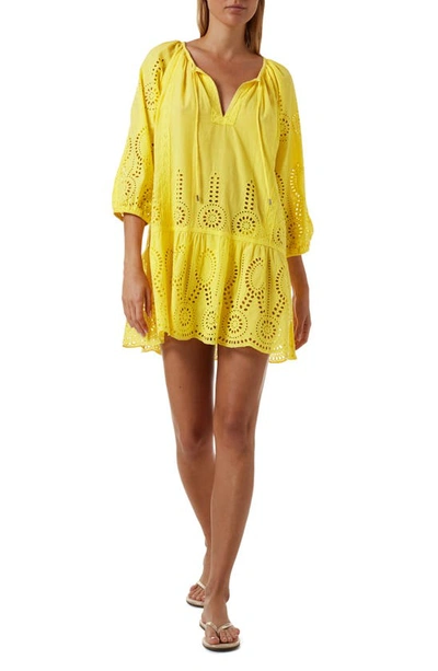 Shop Melissa Odabash Ashley Eyelet Detail Cotton Cover-up Tunic In Lemon