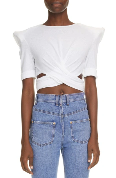 Shop Balmain Structured Shoulder Crop Top In White