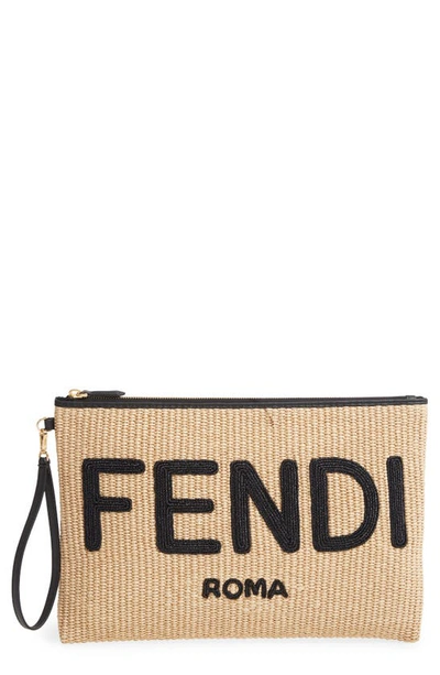 Shop Fendi Large Logo Raffia Flat Pouch In Paglia Nero
