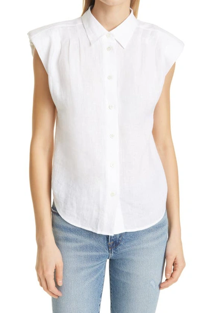 Shop Frame Cassandra Organic Linen Strong Shoulder Top In Blanc