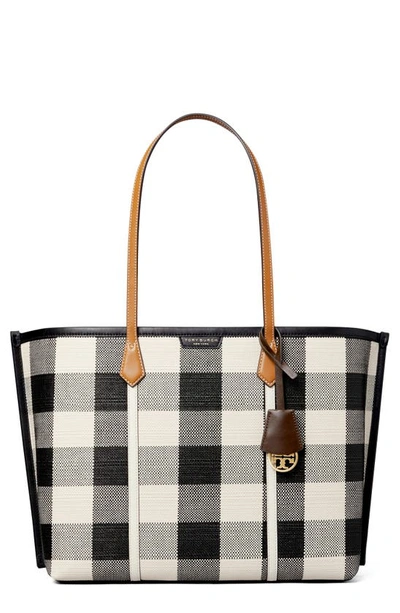 Shop Tory Burch Perry Gingham Tote In Black / New Ivory Gingham