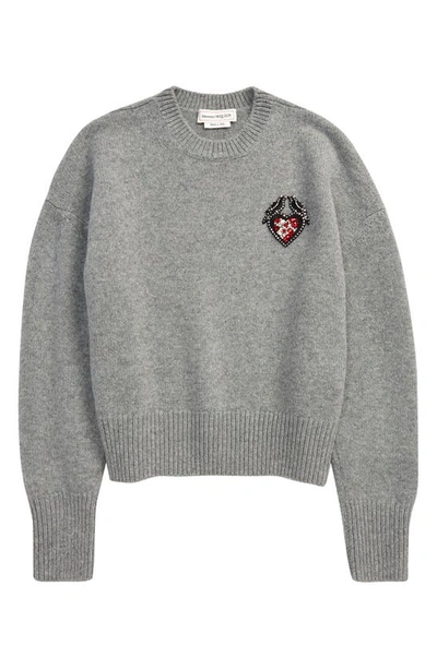 Shop Alexander Mcqueen Love Birds Appliqué Wool Crewneck Sweater In Grey/ Black/ Crystal