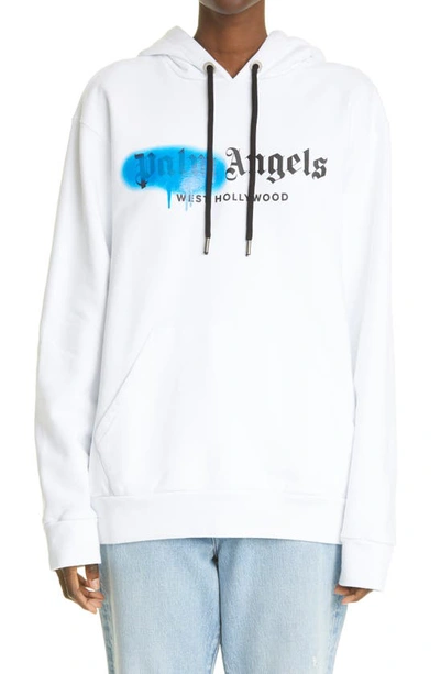 Shop Palm Angels West Hollywood Logo Cotton Hoodie In White Blue