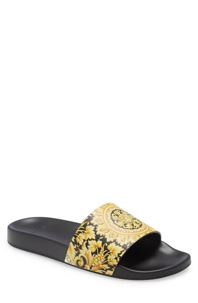 Shop Versace Barocco Medusa Pool Slide Sandal In Black/ Gold