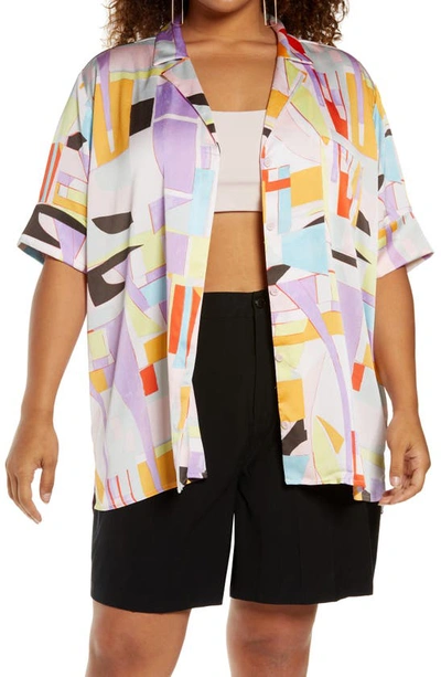 Shop Open Edit Satin Camp Button-up Shirt In Pink Paper Shapes