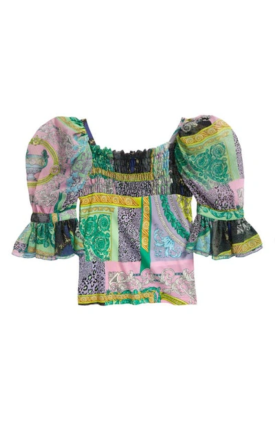 Shop Versace Kids' Barocco Patchwork Puff Sleeve Crop Top In Multicolor