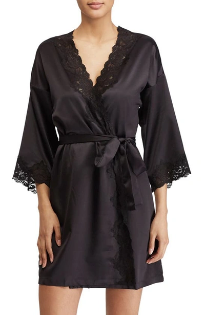 Shop Lauren Ralph Lauren Lace Trim Satin Robe In Black