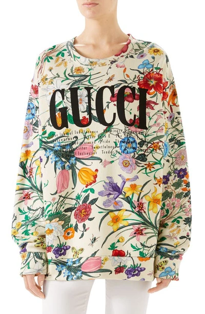 Shop Gucci Floral Print Cotton Jersey Sweatshirt In Ivory/ Multicolor Print