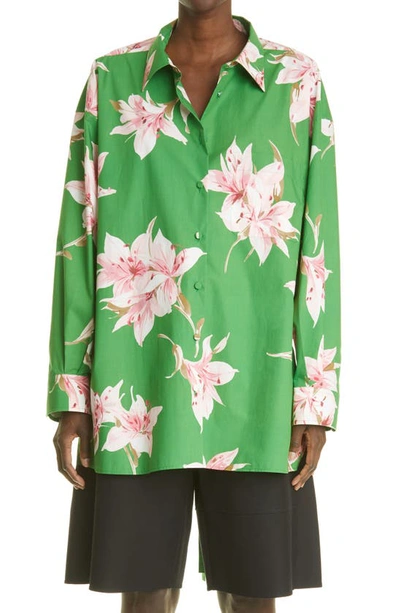 Shop Valentino Lily Print Cotton Blouse In Multicolor Green Ir0