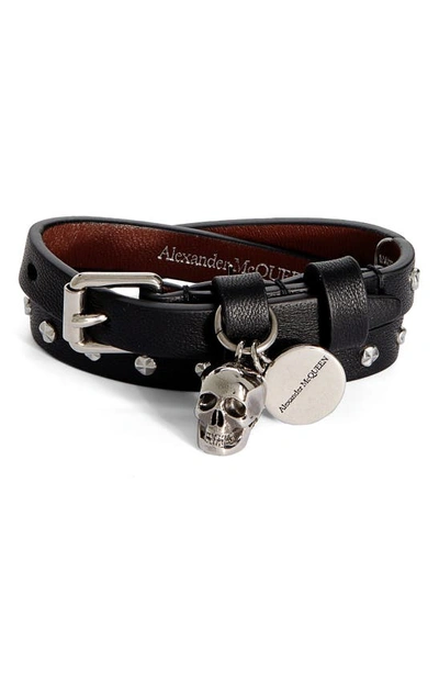 Shop Alexander Mcqueen Double Wrap Leather Bracelet In Black/silver