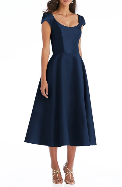 Shop Alfred Sung Cap Sleeve Full Skirt Satin Midi Cocktail Dress In Midnight