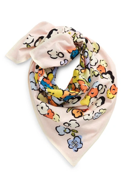 Shop Tory Burch Painted Floral Cotton Square Scarf In Pink