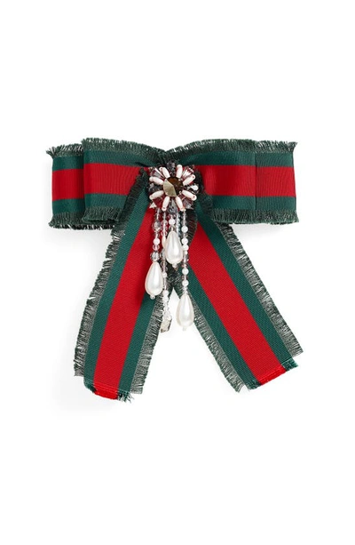 Shop Gucci Faux Pearl & Crystal Brooch In Green/ Red