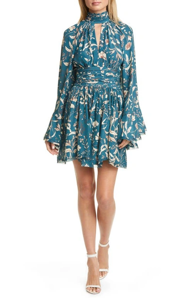 Shop Amur Tilda Floral Print Long Sleeve Silk Minidress In Teal Wildflowers