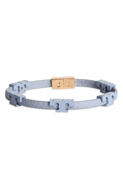 Shop Tory Burch Serif-t Stackable Coated Leather Bracelet In Tory Gold / Cloud Blue