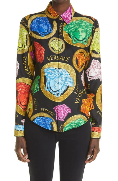 Shop Versace Medusa Amplified Silk Button-up Shirt In 5b020 Nero Multicolr