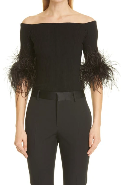 Shop Saint Laurent Feather Trim Off The Shoulder Cashmere Knit Top In 1000 Noir