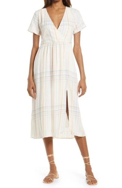 Shop Madewell Clara Plaid Linen Blend Midi Dress In Muted Blush