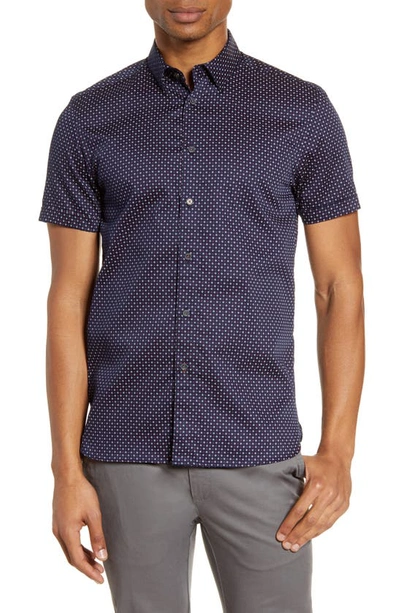 Shop Ted Baker Sortit Slim Fit Geo Short Sleeve Button-up Shirt In Navy