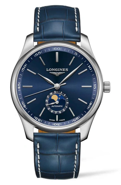 Shop Longines Master Automatic Alligator Leather Strap Watch, 42mm In Blue/ Silver