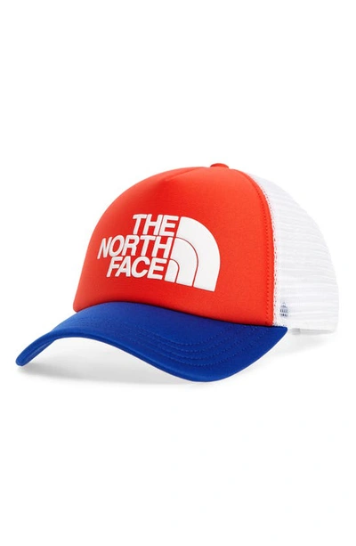 Shop The North Face Logo Trucker Hat In Horizon Red/ Blue