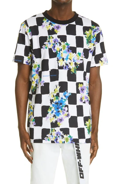 Shop Off-white Check Floral Slim Fit Graphic Tee In Multicolor