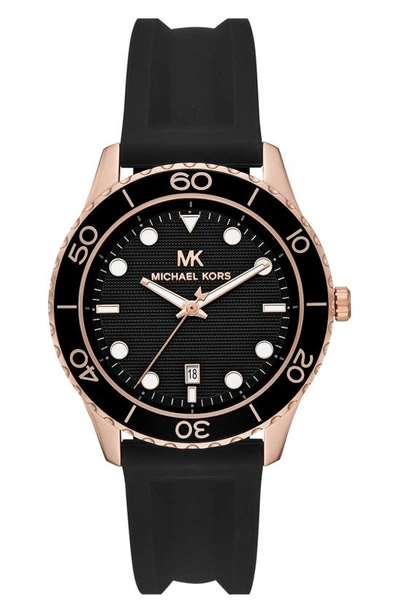 Shop Michael Kors Runway Silicone Strap Watch, 40mm In Black/ Rose Gold