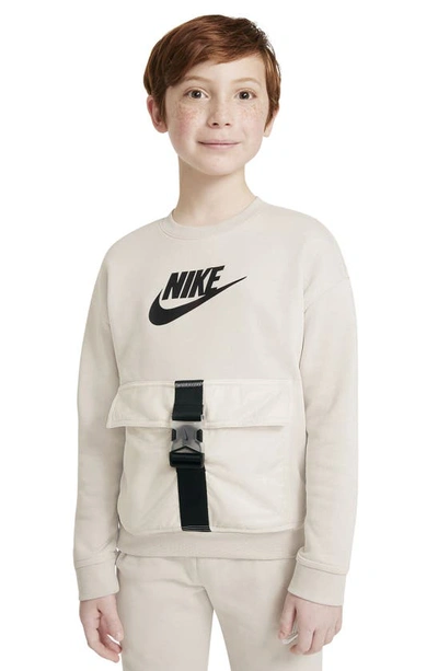 Shop Nike Sportswear Kids' Pocket Crewneck French Terry Sweatshirt In Desert Sand/ Pale Ivory