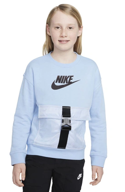 Shop Nike Sportswear Kids' Pocket Crewneck French Terry Sweatshirt In Psychic Blue/ Football Grey